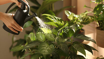 Female hands spray watering plants at home