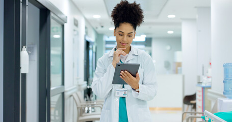 Poster - Typing, tablet or doctor in hospital with research on social media to search for medicine news online. Woman reading, smile or medical healthcare nurse browsing on technology for telehealth or meme