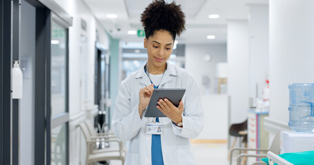 Poster - Medical, tablet or doctor typing for research on social media to search for medicine news online. Woman reading, scroll or healthcare nurse browsing on technology for telehealth services in hospital