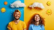 Man and woman laughing on orange and blue background, clouds and rain