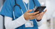 Leinwandbild Motiv Hands, phone and healthcare with a nurse scrolling in a hospital closeup for research or networking. Medical, communication and information with a medicine professional reading a text in a clinic