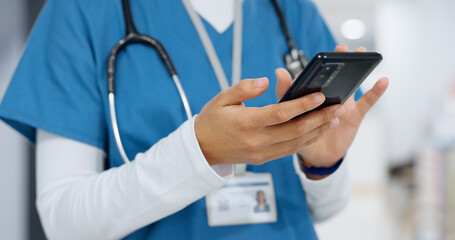 Fototapete - Hands, phone and healthcare with a nurse scrolling in a hospital closeup for research or networking. Medical, communication and information with a medicine professional reading a text in a clinic