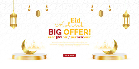 Eid Mubarak big sale offer banner or poster design mosque with moon or lantern white color pattern Islamic background social media banner vector illustration 