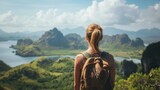 Fototapeta Most - A young woman stands with her back and admires the view of the lake and mountains. A traveler traveling on vacation in the most beautiful place in the world. Summer vacation