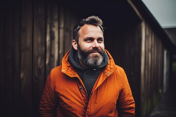 Portrait of a bearded man in an orange jacket on a wooden background