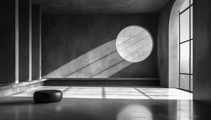 Minimalist interior with stark shadows, a large circular wall motif, and tall arched windows.