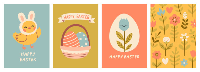 Cute Easter cards set. Spring collection of animals, flowers and decorations. For poster, card, scrapbooking , stickers