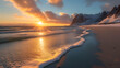 Scenic view of the seascape against dusk sky at an epic sunset piha beach auckland new zealand, generative ai