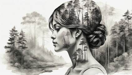 Double exposure a woman head with forest landscape