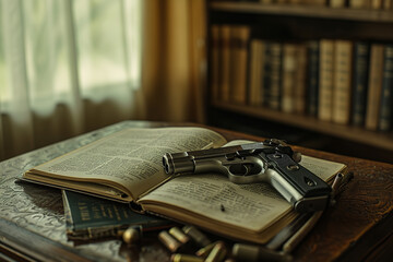 Poster - old books and a gun