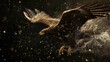 Eagle in flight with dynamic water splash on dark background