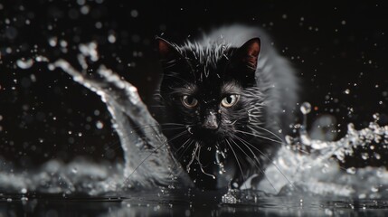Wall Mural - black cat in black background with water splash