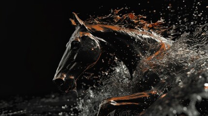 Wall Mural - horse in black background with water splash