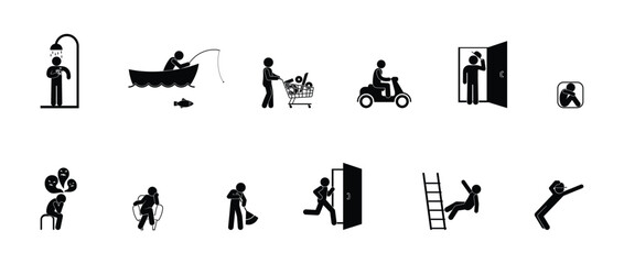 Wall Mural - stick figure man icon, isolated human silhouettes, people in different situations