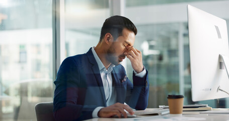 Fototapete - Business man, headache and tired on computer for information technology, online planning and office stress. Worker, programmer or developer with fatigue, pain or frustrated for mistake on desktop