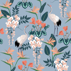 Naklejka na meble Seamless vector illustration with beautiful cyclamen, wisteria and crane