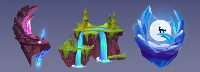 Wall Mural - flying islands set isolated on background. vector cartoon illustration of game platforms, floating r