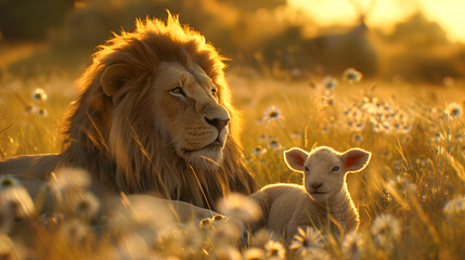 Wall Mural - Jesus Christ: Lamb of Sacrifice, Lion of Triumph. The duality of Jesus. Lion and lamb in the meadow at sunset. 