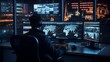 A male cybersecurity engineer monitors network traffic, protects networks from cyber attacks in the Security Operations Center.