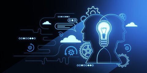 Creative AI chat GPT hologram on digital background. Artificial intelligence communication concept. 3D Rendering.