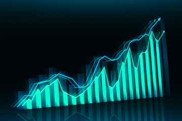 Wall Mural - Abstract glowing and growing blue business chart on blurry dark wallpaper. Financial growth, trade and stock concept. 3D Rendering.