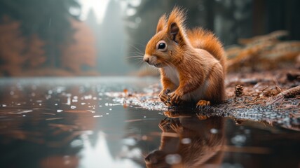 Poster - A squirrel is standing next to a puddle of water