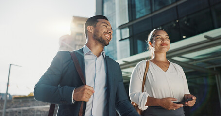 Aufkleber - Business people, walking and travel in city with discussion on morning commute, partnership and happy. Employees, man and woman with conversation, collaboration and networking outdoor in urban town