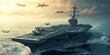 panoramic view of a generic military aircraft carrier ship with fighter jets take off during a special operation at a warzone