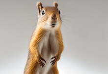 A Squirrel Is Standing On Its Hind Legs And Is Looking Up At The Camera With A Surprised Look On Its Face And A Tail, With A White Background With A Gray Background With A. Generative AI