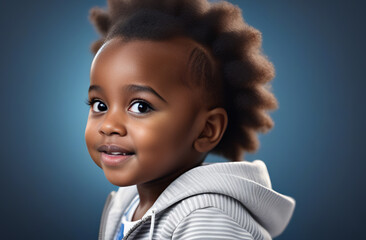 cute girl about 2 years old, black skin, playful hairballs, portrait of happiness