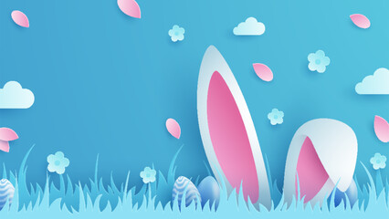 Joyous Easter holiday featuring eggs, rabbit ears, and flowers against a vibrant backdrop and paper style. Suitable for greeting cards or party invitations.