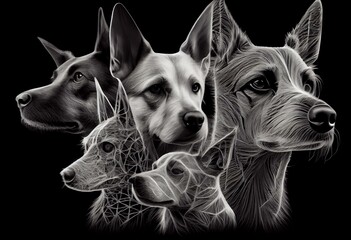 multiple dog faces outline line art. Generative AI