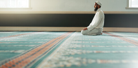 Wall Mural - Praying, islamic and man with faith in a mosque for gratitude, peace and spiritual care in holy religion for Allah. Respect, Ramadan and Muslim person with kindness, hope and humble after worship