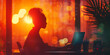 silhouette of a woman sitting at her desk by the window on her laptop with an orange bokeh glow.