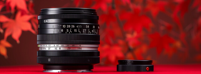 close up of a professional camera big lens in cinematic red background.