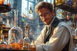 A charming chemist with tousled hair smiles confidently, surrounded by an array of colorful glassware that illuminates his vintage-styled laboratory with a warm, inviting glow.