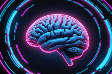 Poster - A digital representation of a human brain glows with neon blue and pink lights, surrounded by dynamic data rings on a dark background