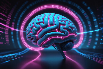 Poster - A digital representation of a human brain glows with neon blue and pink lights, surrounded by dynamic data rings on a dark background