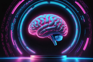 Poster - A digital representation of a human brain glows with neon blue and pink lights, surrounded by dynamic data rings on a dark background