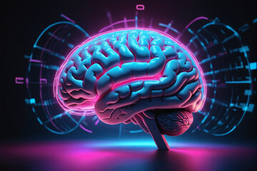 Poster - A digital representation of a human brain glows with neon blue and pink lights, surrounded by dynamic data rings on a dark background