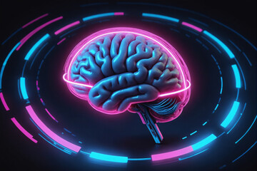 Poster - A digital representation of a human brain glows with neon blue and pink lights, surrounded by dynamic data rings on a dark background