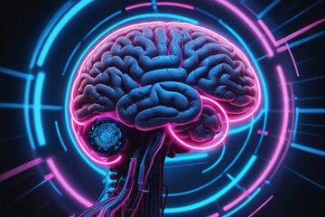 Poster - A digital representation of a human brain glows with neon blue and pink lights, surrounded by dynamic data rings on a dark background
