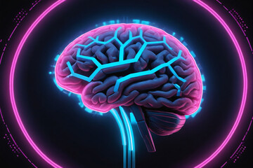 Poster - A digital representation of a human brain glows with neon blue and pink lights, surrounded by dynamic data rings on a dark background