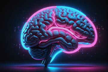 Poster - A digital representation of a human brain glows with neon blue and pink lights, surrounded by dynamic data rings on a dark background