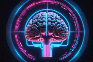 Poster - A digital representation of a human brain glows with neon blue and pink lights, surrounded by dynamic data rings on a dark background