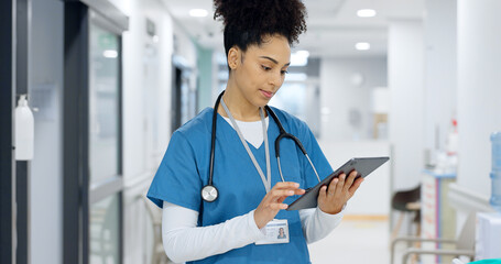 Poster - Face, tablet or doctor in hospital with research on social media to search for medicine info online. Happy woman, smile or medical healthcare nurse browsing on technology for telehealth in clinic