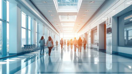 Medical. abstract motion blur image of people crowd walking at hospital office building in city downtown, blurred background, business center, medical center technology concept