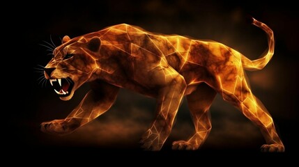 Poster - AI generated illustration of a majestic lion in flames roaring with its mouth wide open