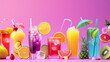 Different types of animated colorful fruit cocktail