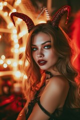 Portrait of an attractive young woman in a sexy devil costume, carnival or halloween